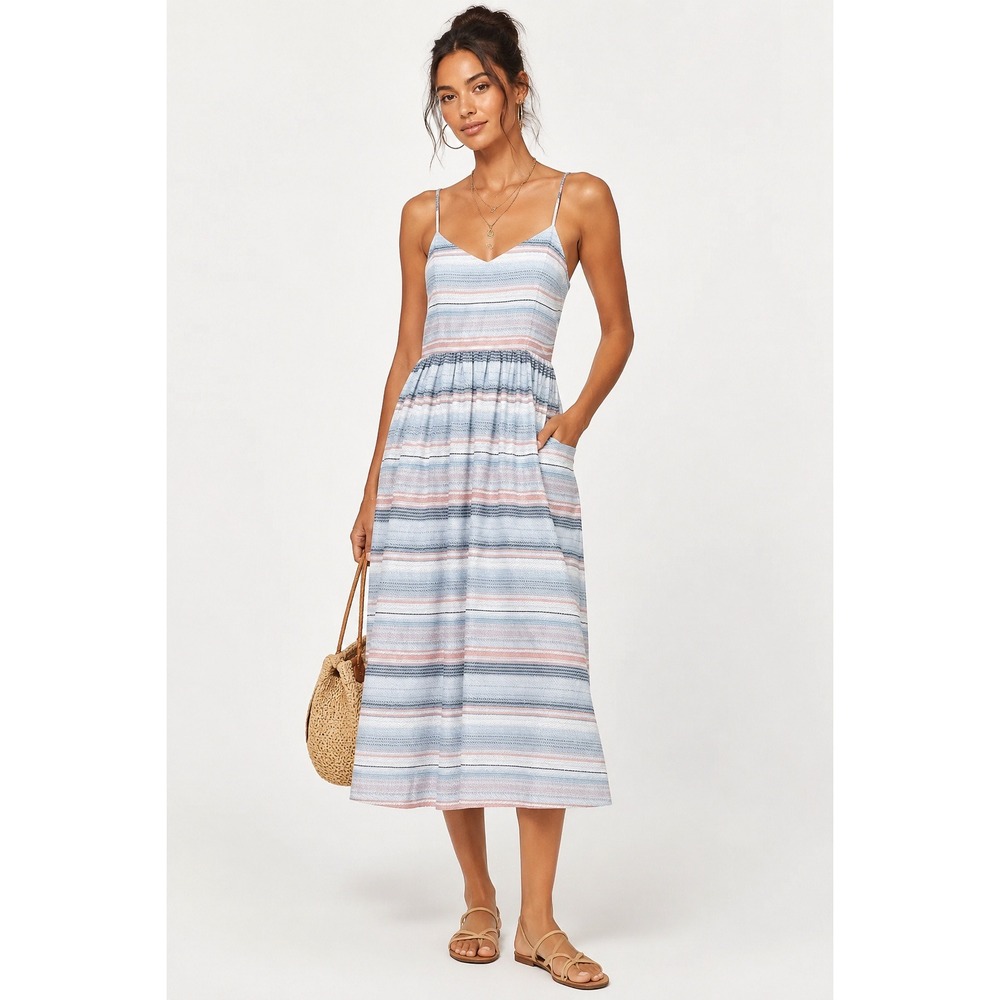 Mara Hoffman Organic Cotton Striped Midi Dress‎ Blue Pink Pastel 6 Nautical